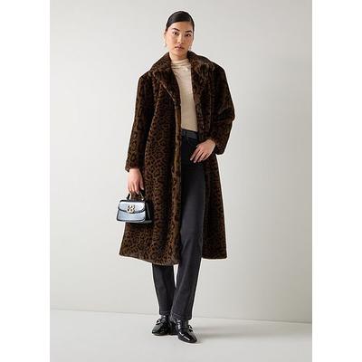 Leila Leopard Faux Fur Double Breasted Coat, Brown