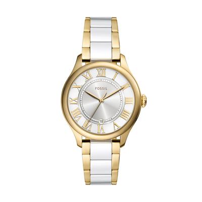 Quarzuhr FOSSIL "GILMORE", gelbgoldfarben, weiß, Armbanduhren, Damen, Armbanduhr, Damenuhr, Lederarmband, analog, Tag Image