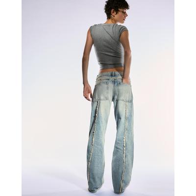 Bershka Low Waist Baggy Jeans With Fringing Women 04 Light Blue