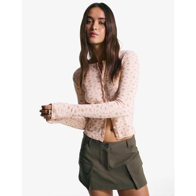 Bershka Printed Openwork Cardigan Women M Pink