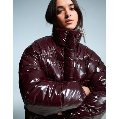 Bershka Vinyl-Effect Puffer Jacket Women M Burgundy