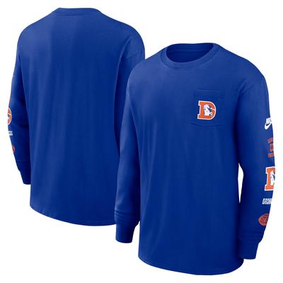 Nike Royal Denver Broncos Rewind Heavy Max90 Langarm-T-Shirt mit Tasche für Herren