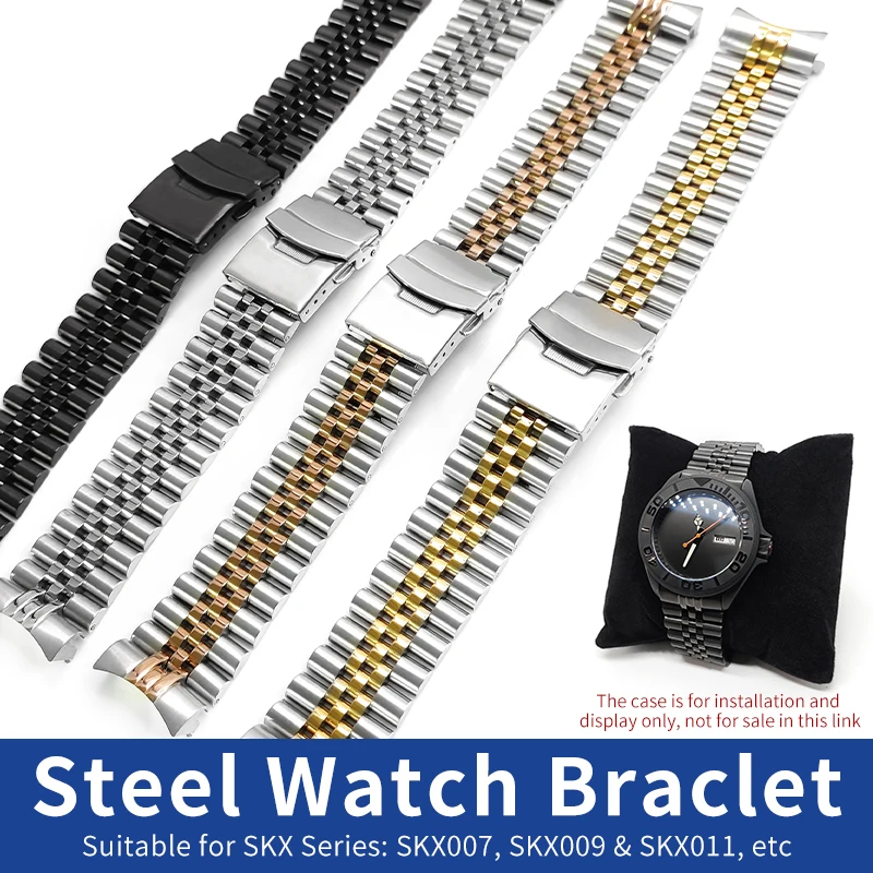 22MM SKX007 Oyster Bracelet With Solid Curved End Links Stainless Steel Five-Piece links Strap Watchband For Seiko 5 SRPD