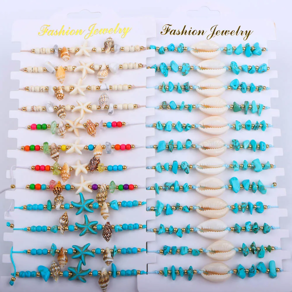 12 Stück trendiges, exquisites Damen-Muschel-Seestern-Türkis, verstellbares gewebtes Armband, Strand-Barty-Geschenk, Schmuckzubehör Image