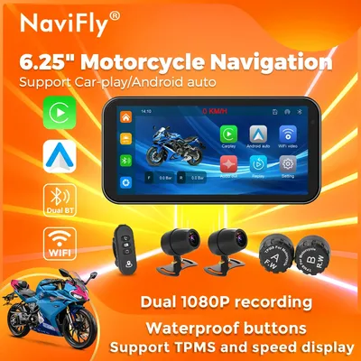 NaviFly 6.25" Motorcycle Wireless CarPlay Moto Android Auto Portable Digital Dashboard Navigation Display Optional DVR TPMS