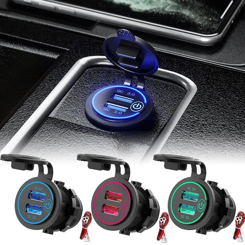QC3.0 12/24 V Dual USB Auto Ladegerät Wasserdicht Berührbaren Schalter 12/24 V Schnell Schnell Ladung Power Adapter Buchse Auto Zubehör Image