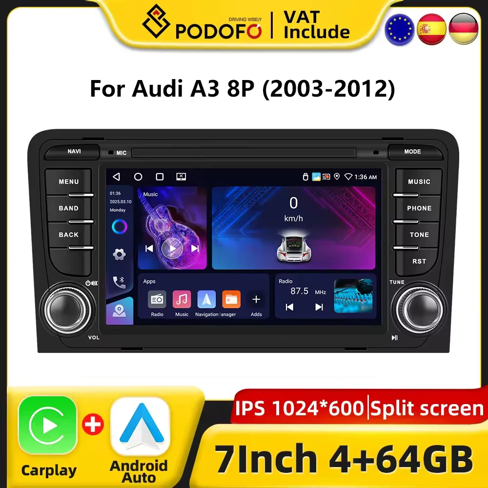 Podofo CarPlay Android Radio For Audi A3 8P 2003-2012 Car Intelligent System 2din GPS Stereo Multimedia Player RDS FM Autoradio Image