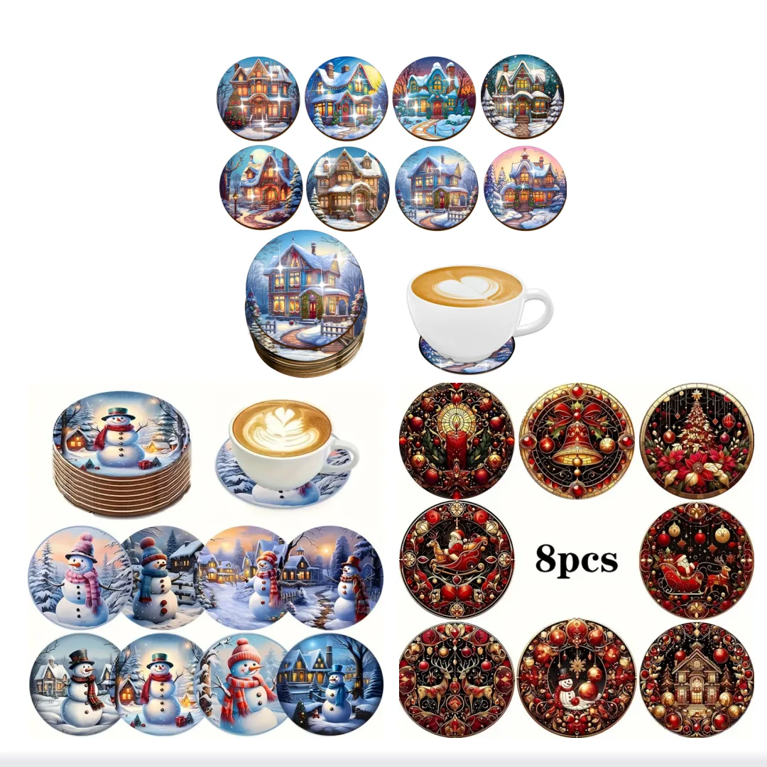 8er Weihnachts-Schneemann-Druckblöcke, geeignet für die tägliche Familienparty-Dekoration, Büro und rutschfeste Holzuntersetzer Image