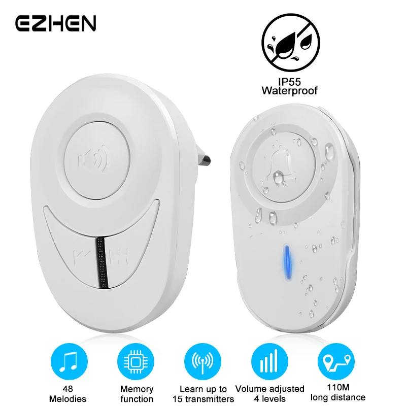 Outdoor Drahtlose Türklingel IP55 Wasserdichte Smart Home Türklingel 48 Songs 110 M/360FT Fernbedienung Willkommen Türklingel EU Stecker Optional Image