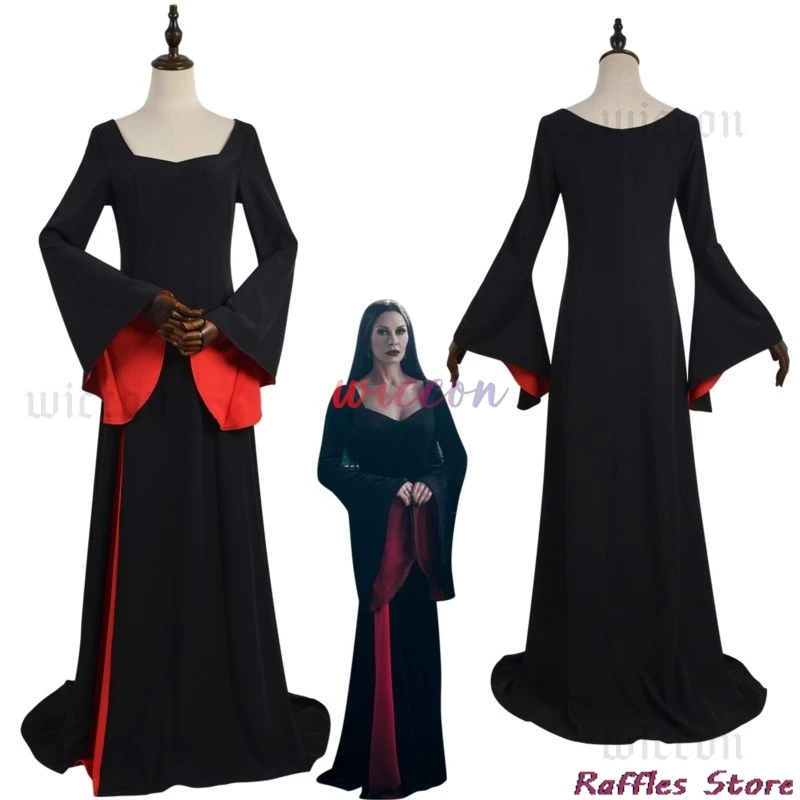 Morticia Cosplay Kostüm Schwarze Robe Perücke Set Frauen Gothic Kleid Maxi Rock Erwachsene Vintage Halloween Maskerade Party