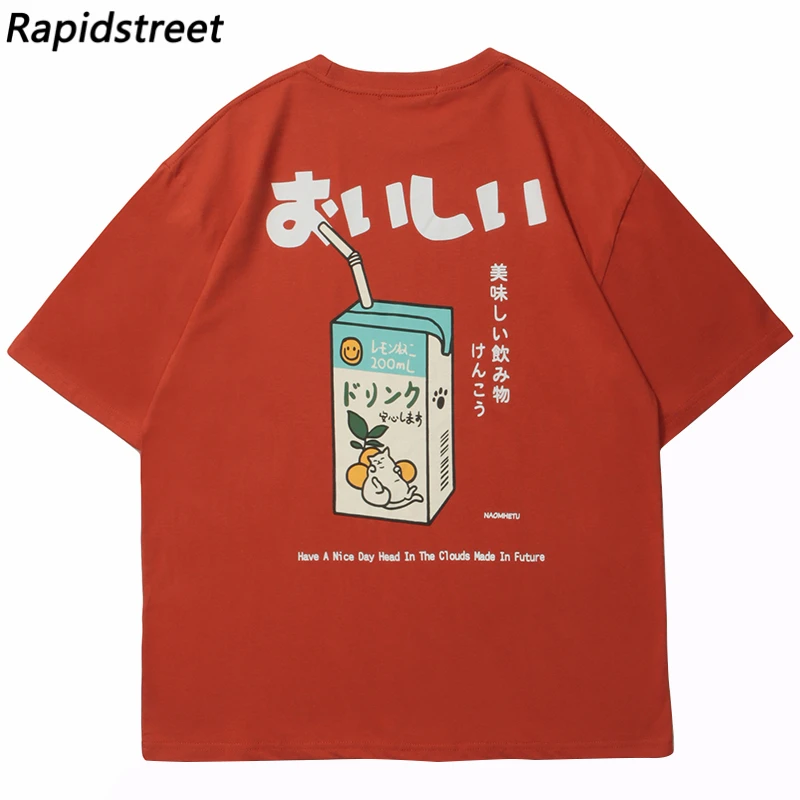 Hip Hop T-shirt Männer Japanische Kanji Trinken Grafik T Shirt Streetwear Harajuku Sommer Kurzarm T-Shirt Unisex Tops Orange