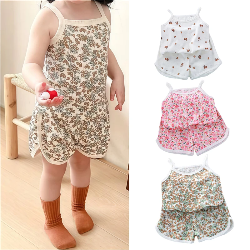 Mädchen Sommer Kleidung Sets Neue Baby Ärmellose Tops Shorts 2 Stück Anzug Mädchen Quadrat Kragen Kleidung Set Kinder Baumwolle Kleidung Image