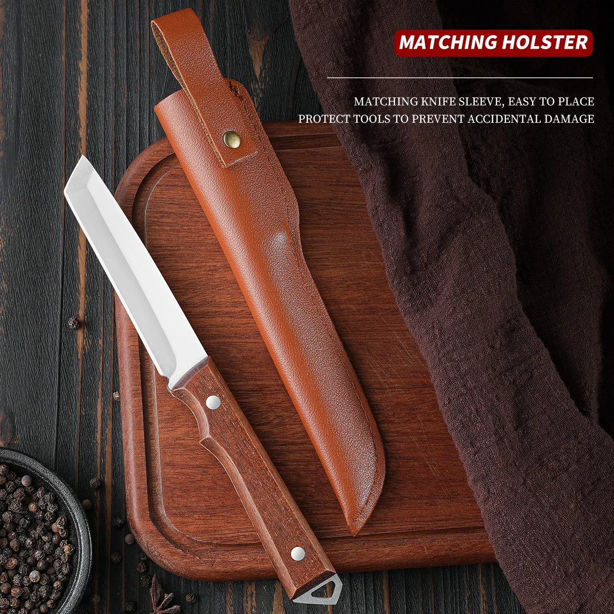 Küchenmesser aus Edelstahl mit Holzgriff, Steakmesser, Ausbeinen, Schälen, Fleischbeil, Obstmesser mit Geschenkabdeckung Image