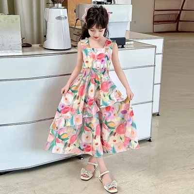Sommerkleid mit Trägern, süßes Blumenkleid für Strandurlaub, Mädchenkleidung, 8 bis 9 Jahre, Partykleider, Kind, Mädchen, Jahr alt, eleganter Luxus Image