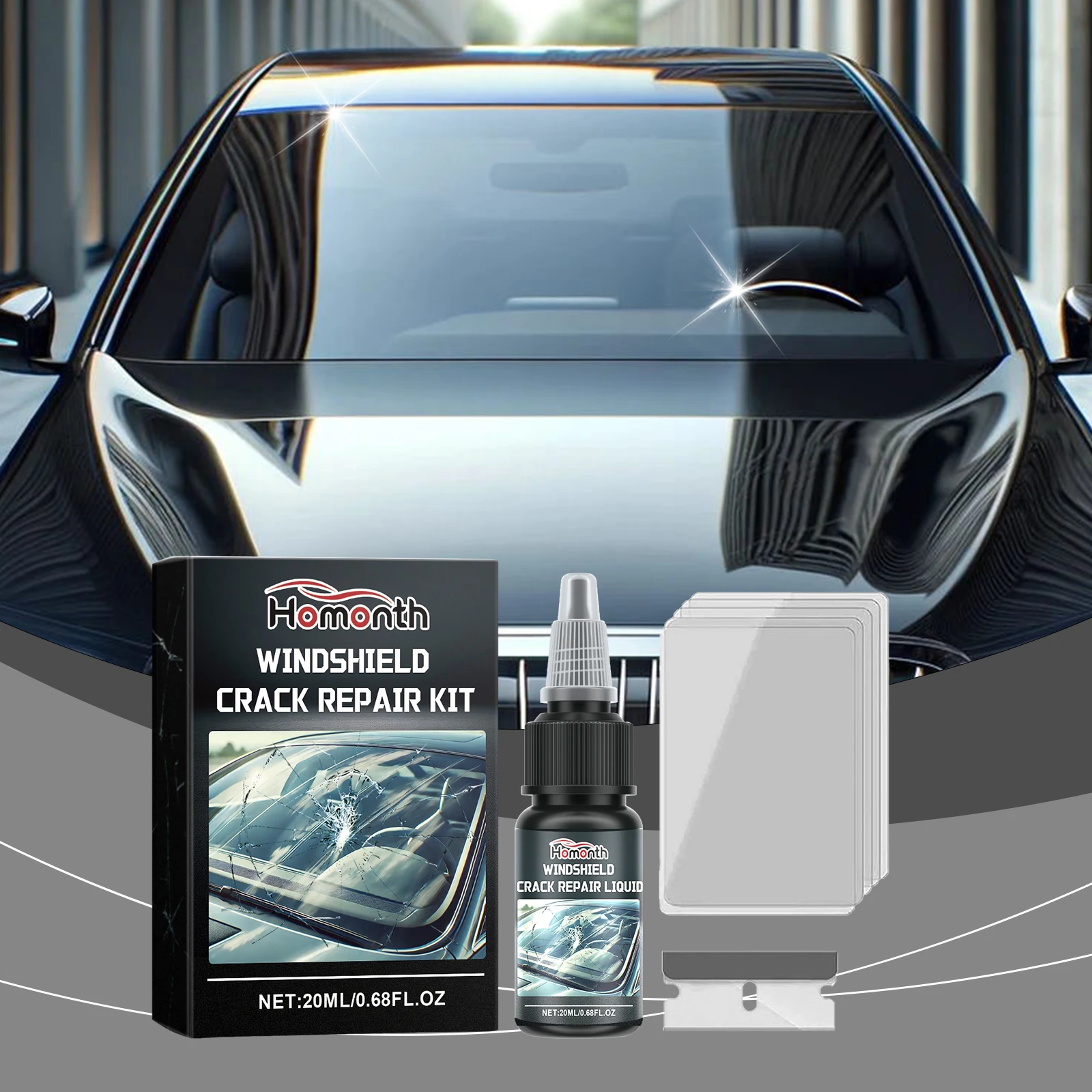 Homonth Glass Crack Repair Kit für Auto-Windschutzscheiben, Risse, Kratzer, klare Sicht, selbstklebende Flüssigkeit Image