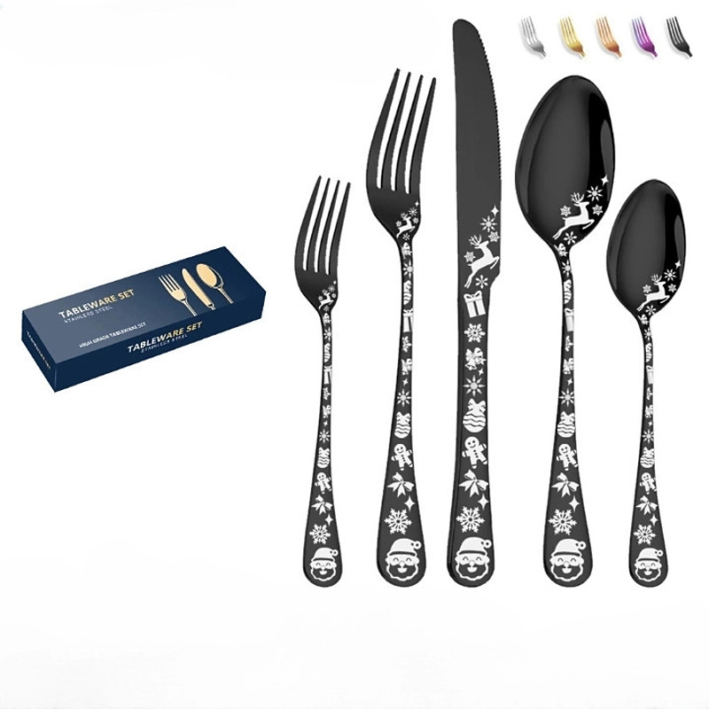 20/40 Piece Christmas Tableware Set for 8, Black Flatware set Service for 8,Unique Christmas Tree Snowflake Pattern DesignSatin Finish Cutlery for 8,Dishwasher Safe