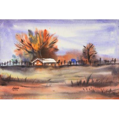 Rustic Beauty,'Watercolor Impressionist Landscape Painting from India'