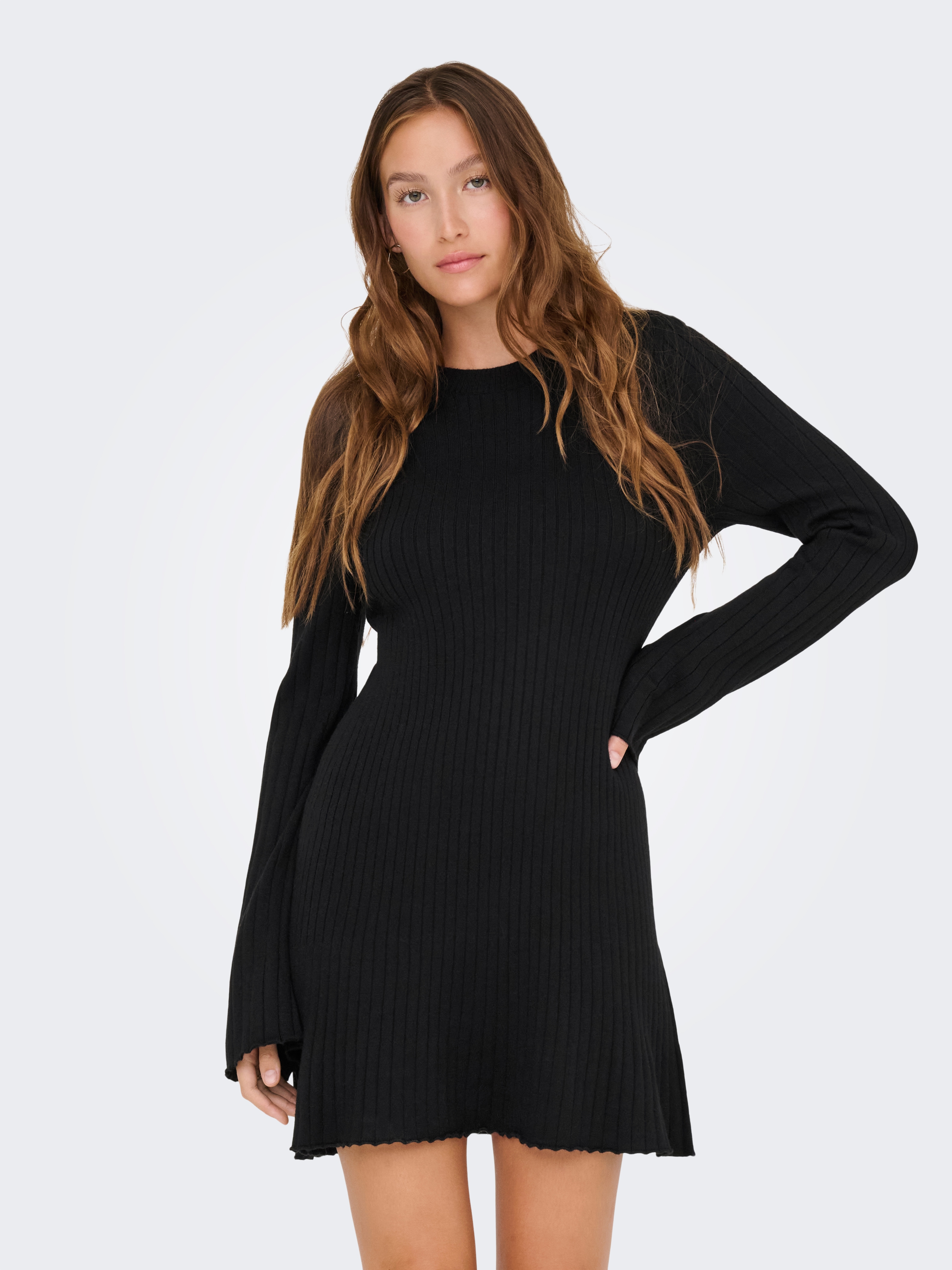 Minikleid ONLY "ONLMICHELLA LS O-NECK DRESS KNT", Damen, Gr. M, N-Gr, schwarz, Rippstrick, Obermaterial: 50% Viskose, 27% Nylon, 23% Polyester, unifarben, kurz, Rundhals, gewellter Abschluss, Kleider Minikleid, Sommerkleid