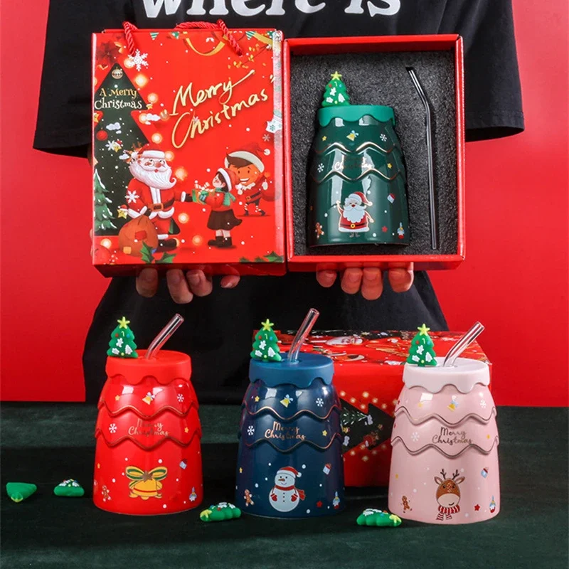 Weihnachtsmann, Kaffee, Paare, Tassen, Heimdekoration, Geschenke, Weihnachtstassen, Cartoon-Weihnachtsbaumform, kreativer Keramiktasse mit Deckel und Strohhalm Image