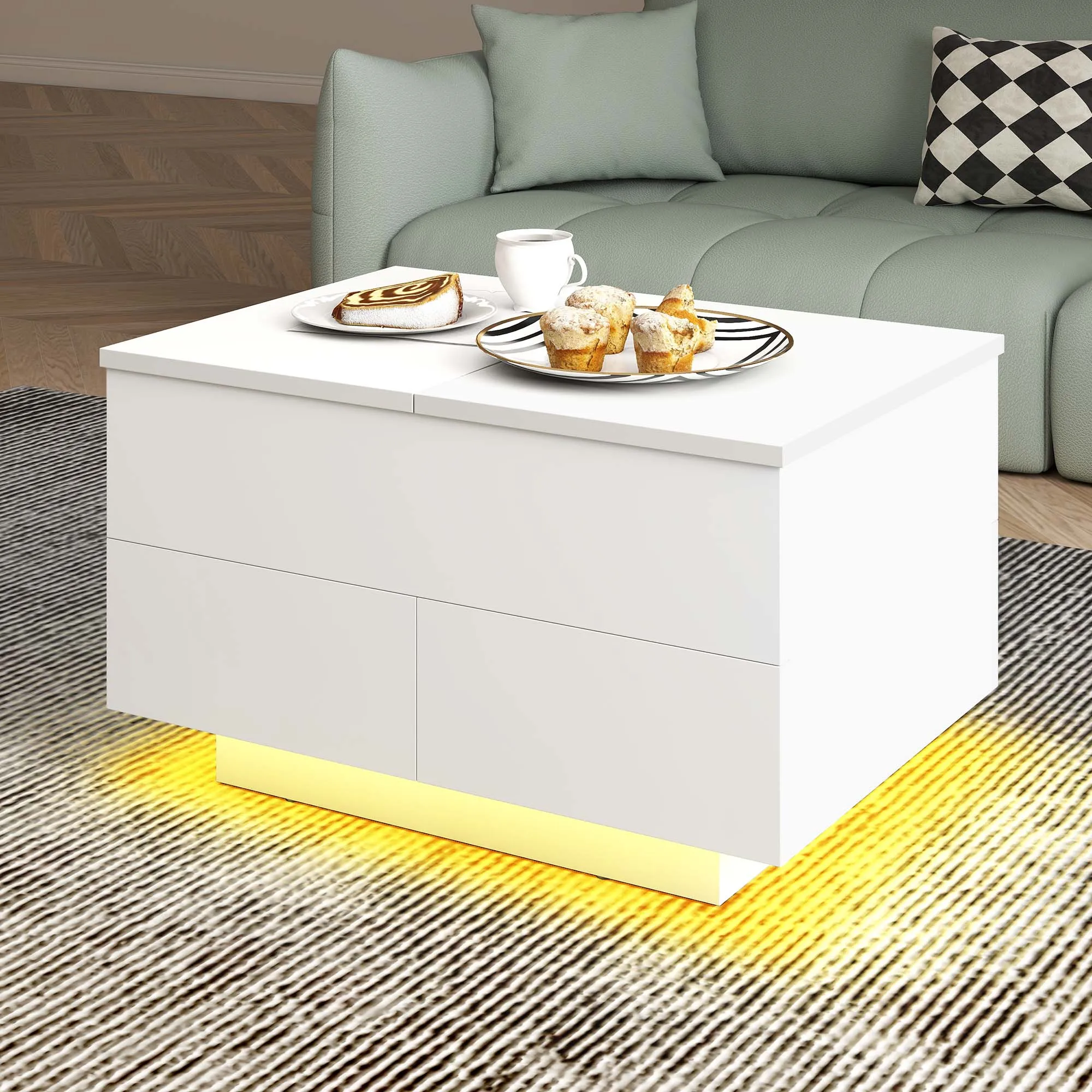 YITAHOME Höhenverstellbarer Couchtisch mit Stauraum – 16-farbige LED, Lift-Top und Schubladen, Weiß, 80 x 55 x 46 cm Image