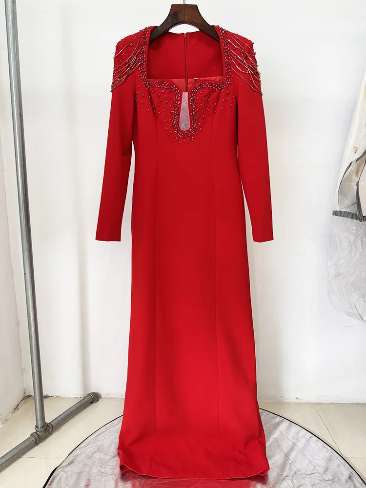 HIGH QUALITY Newest 2026 Designer Women's Slim Diamonds Beaded Long Sleeve Maxi Long Evening Dress
