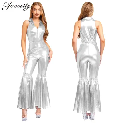 Damen Metallic glänzende Pailletten Vintage 70er Jahre Disco Dance Overall Halloween Mottoparty Karneval Hippie Cosplay Performance Kostüm Image