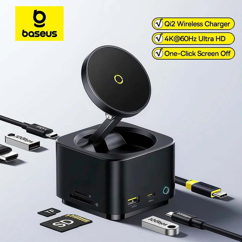 Baseus 7-in-1 USB C HUB HDMI 4K@60Hz mit Qi2 Wireless Ladegerät für iPhone USB 3.2 PD 100W Schnelllade-Typ-C-Dockingstation Image