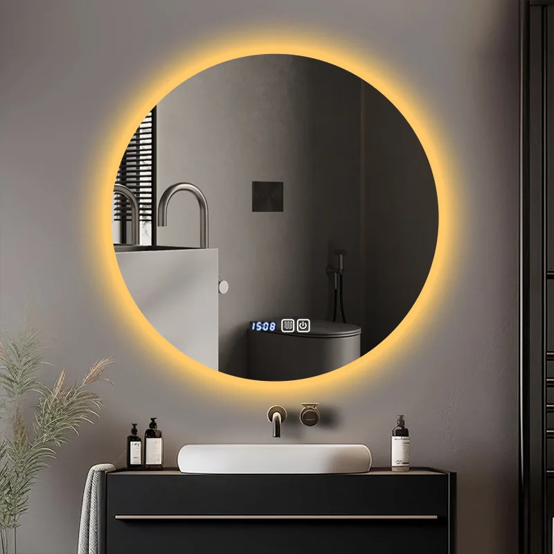 Durchmesser 50 cm, runder intelligenter Badezimmerspiegel, Waschtisch, runder Spiegel, LED-Licht, Rückseite, leuchtende Verbindung, Netzteil, hohe Auflösung
