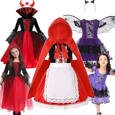 Halloween Kinder Fancy All Saint Day Kleidung Vampir Hexe Rotkäppchen Kleid Mädchen Vintage Vampir Kostüm Hexe Outfit Image