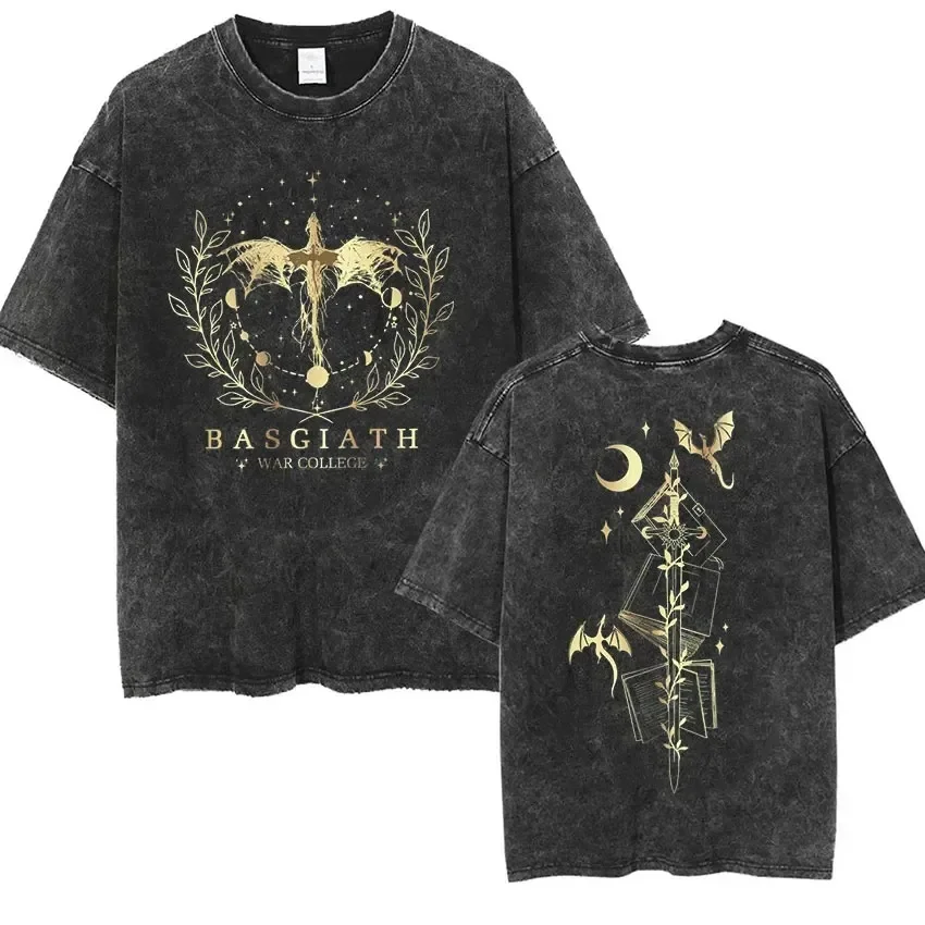 Basgiath War College Vintage Washed T-Shirt Fourth Wing Dragon Rider Ästhetische Kleidung T-Shirt Männer Frauen Mode Übergroße T-Shirts