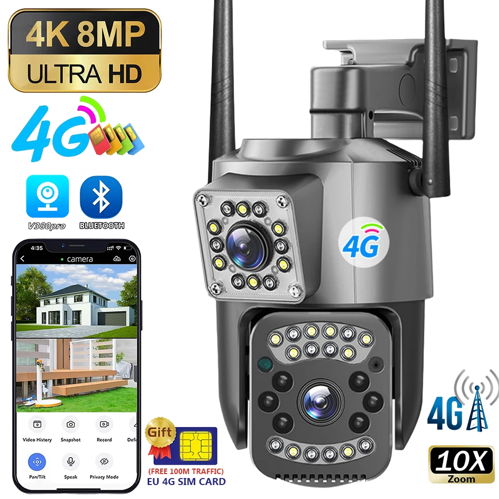 V380PRO 8MP Dual Objektiv außen Kamera 4G SIM Karte Überwachung Kameras Nachtsicht Sicherheit Schutz Wasserdichte Kamera Im Freien Image