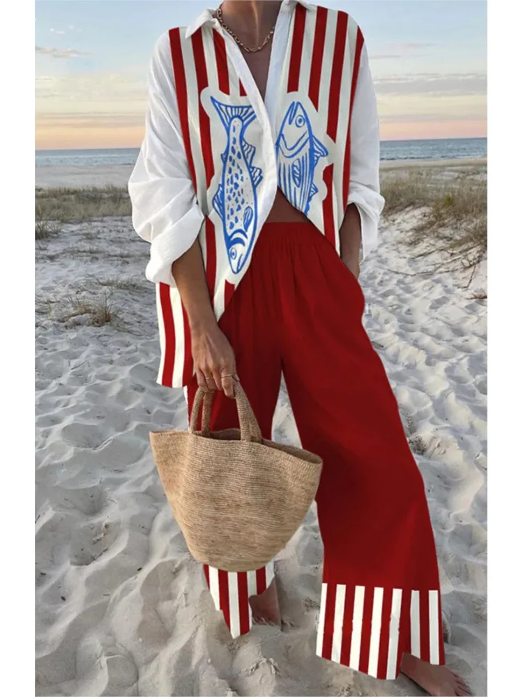 Modische bedruckte Strand-Urlaubshosen-Sets für Damen, Frühling/Sommer, Langarm-Shirt, Oberteil, hochtaillierte, weit geschnittene Hose, 2-teiliges Set Image