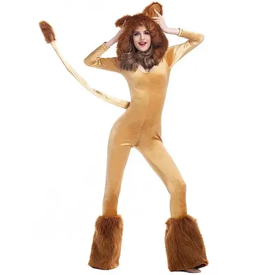 Halloween-Kostüm für Erwachsene und Frauen, König der Löwen, Cosplay, Tier-Cartoon-Löwe, Plüsch-Kapuzenoverall mit Schwanz + Beinabdeckung Image