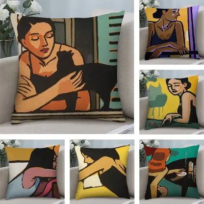 Künstlerisches Leben Frau Kissenbezug Kurzer Plüsch Doppelseitiger Druck Quadratische Dekokissenbezüge Sofa Home Kissen Dekor Image