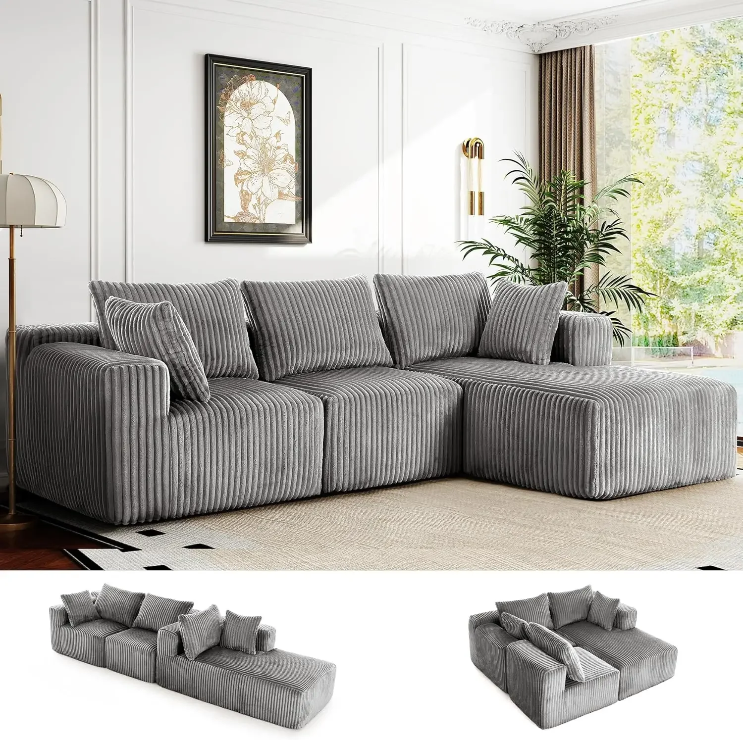 Divano compresso da 118" per soggiorno Divano disossato a forma di L, divano componibile modulare, divani letto in memory foam con chaise longue