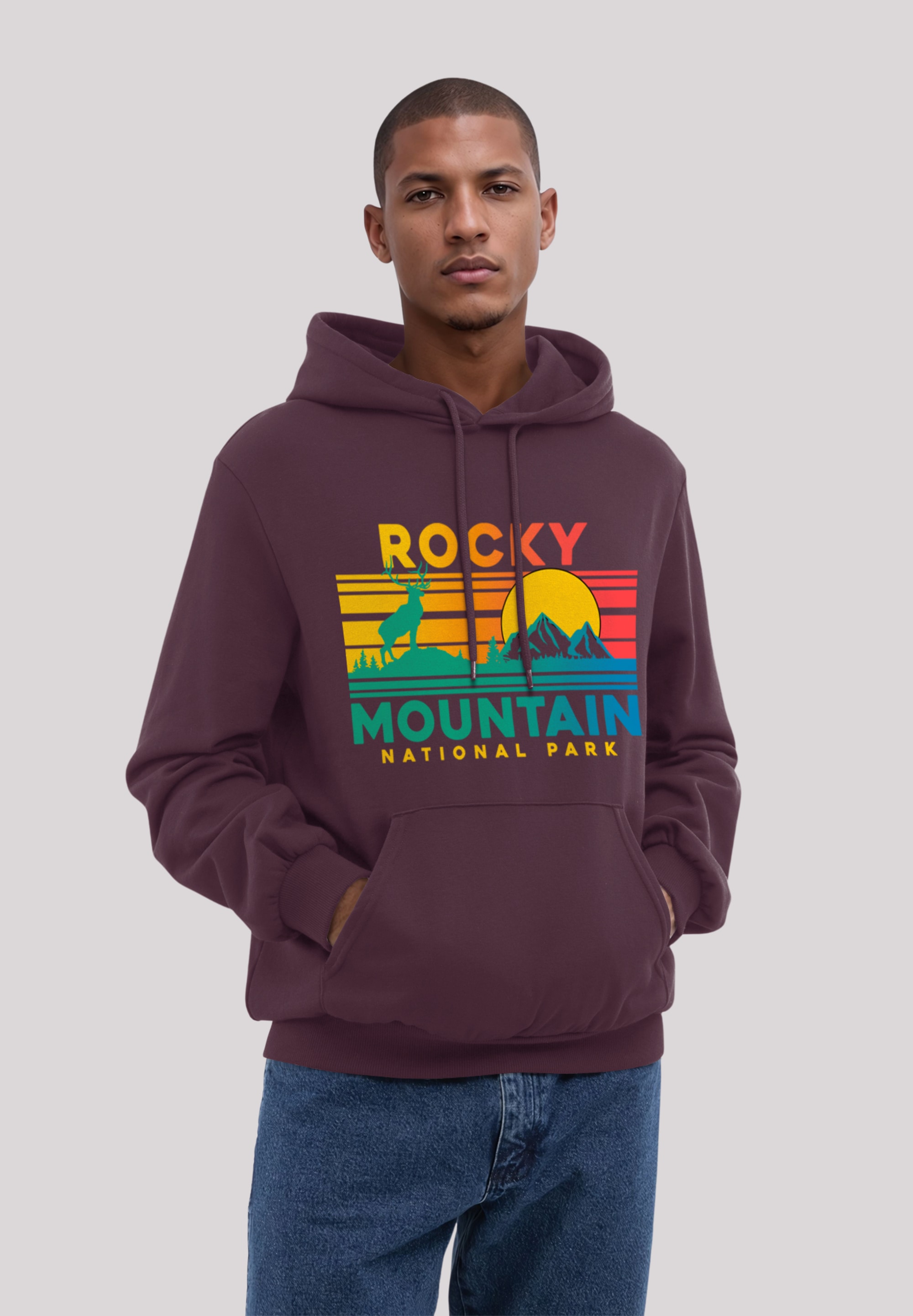 Kapuzenpullover F4NT4STIC "US National Parks Rocky Mountain Sunset", Herren, Gr. XXL, braun (maroon), Obermaterial: 80% Baumwolle, 20% Polyester, relaxed fit, Pullover Kapuzenpullover, Premium Qualität