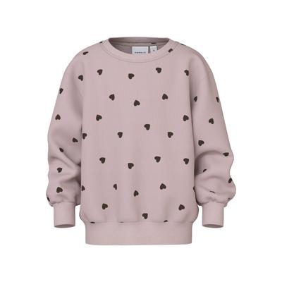Sweatshirt NAME IT "NMFNEHEART NREG SWEAT BRU", Mädchen, Gr. 92, lila (burnished lila), Sweatware, Obermaterial: 95% Baumwolle, 5% Elasthan, bedruckt, casual, regular fit, Rundhals, Langarm Rippbündchen, Sweatshirts Image