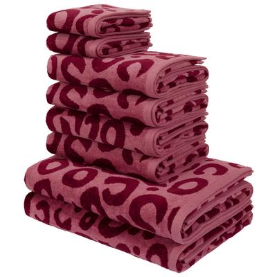 Handtuch Set MY HOME "Anna Leopardmuster, 8-tlg Handtuch-Set, 100% Baumwolle", rot (bordeaux, beere), 8 tlg., Walkfrottee, Walkfrottee, Obermaterial: 100% Baumwolle, Handtuch-Sets, Duschtücher, Handtücher und Gästetücher, weich, saugstark, modern Image