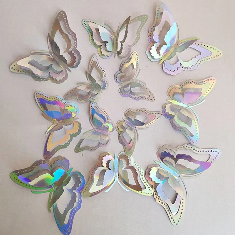 12pcs Gradient Hollow 3D Butterfly Wall Sticker Wedding Living Room Window Home Decor Gold Silver Butterflies Color: Gradient Rose Gold