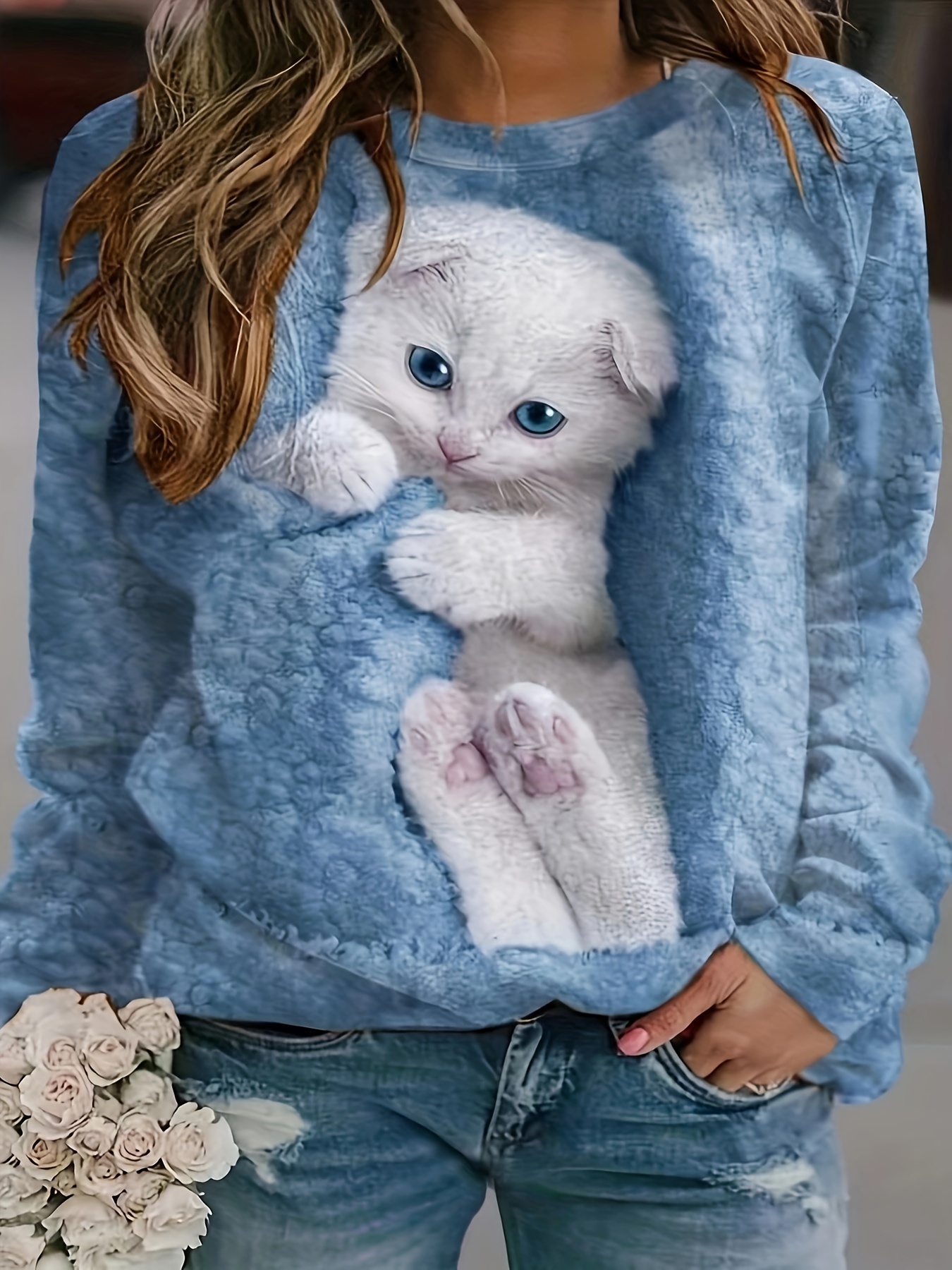 Plus Size Kawaii Sweatshirt Women's Plus Cat Print Long Sleeve Round Neck Sweatshirt blue 5XL