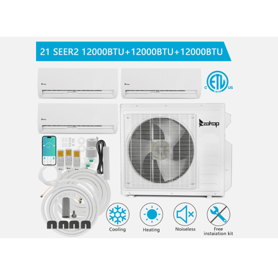 Tri Zone WiFi Mini Split Air Conditioner & Heat Pump 3 Zone Ductless Inverter AC System With Installation Kit 12000 Btu+12000 Btu+12000 Btu