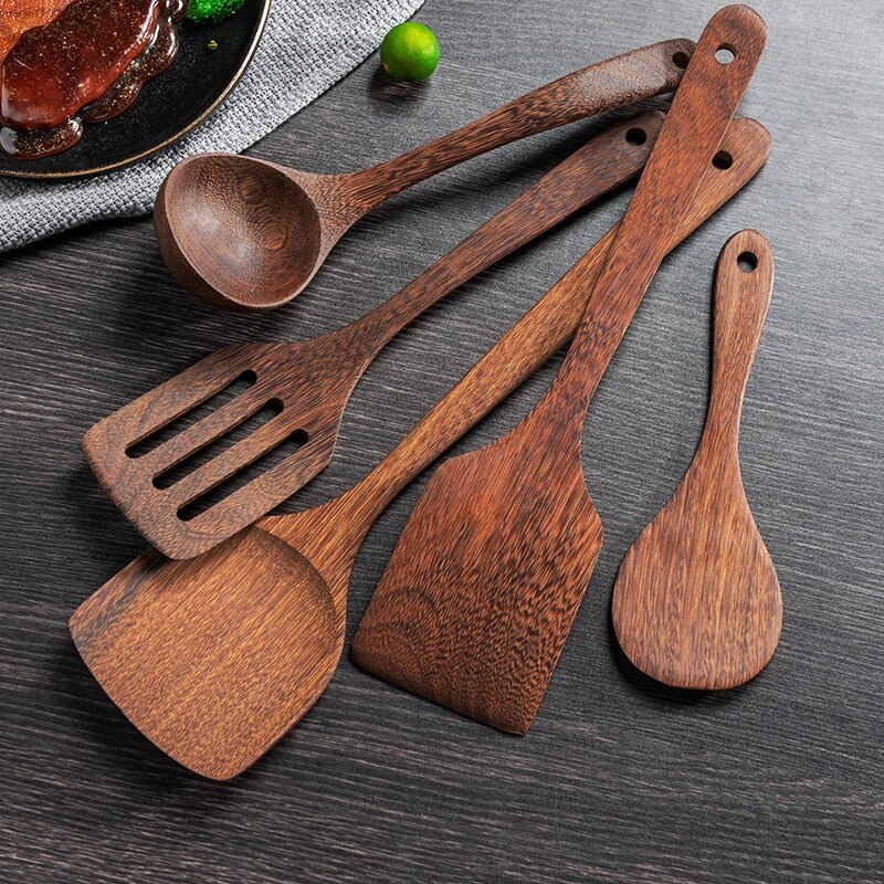 Non Stick Kitchen Utensils Set With Wooden Handles Soup Spoon, Spatula, Rice Spoon, Shovel & More Kitchen Accessories 1