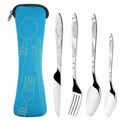 Portable Stainless Steel Dinnerware Set With Bag Camping Cutlery For Family Dining And Outdoor Adventures Blue 4Pcs