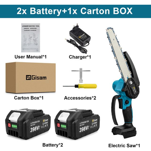 Gisam 8 Inch Brushless Cordless Chainsaw Lightweight Handheld Electric Saw Compatible With Makita 2 Battery 1 Charger