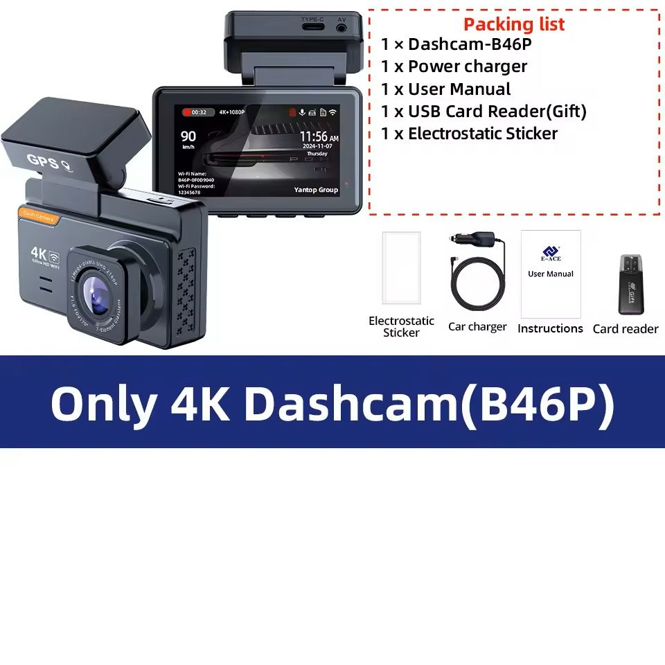 4K Dual Lens Dash Cam With GPS WiFi Night Vision Front And Rear Camera 128g only 4k Dashcam b46p