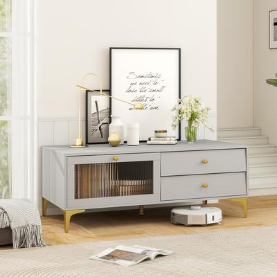 Modern TV Stand With Compartment And Drawers For 55 Inch TV, Media Console Cabinet With Storage, Glass Door & Metal Legs Modern TV Stand With Compartment And Drawers For 55 Inch TV, Media Console Cabinet With Storage, Glass Door & Metal Legs