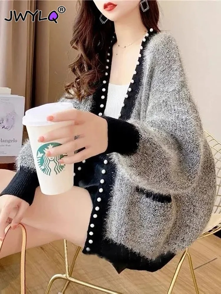 Autumn Winter Thick Warm Chic Beading Sweater Fashion Loose Knitted Coats New Casual Soft Streetwear Women Sweater Autumn Winter Thick Warm Chic Beading Sweater Fashion Loose Knitted Coats New Casual Soft Streetwear Women Sweater Gray XL 55 60kg