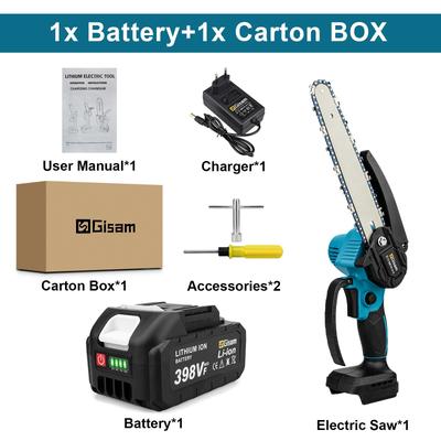 Gisam 8 Inch Brushless Cordless Chainsaw Lightweight Handheld Electric Saw Compatible With Makita 1 Battery 1 Charger