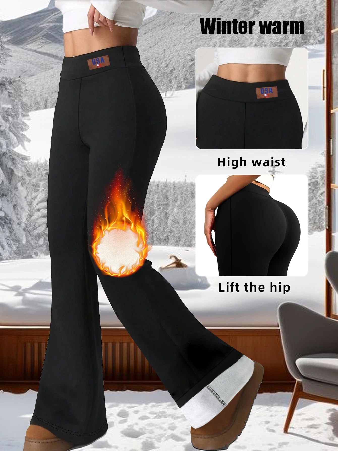 High Waist Plush Bell Bottom Warm Pants For Women Soft Thick Winter Trousers m