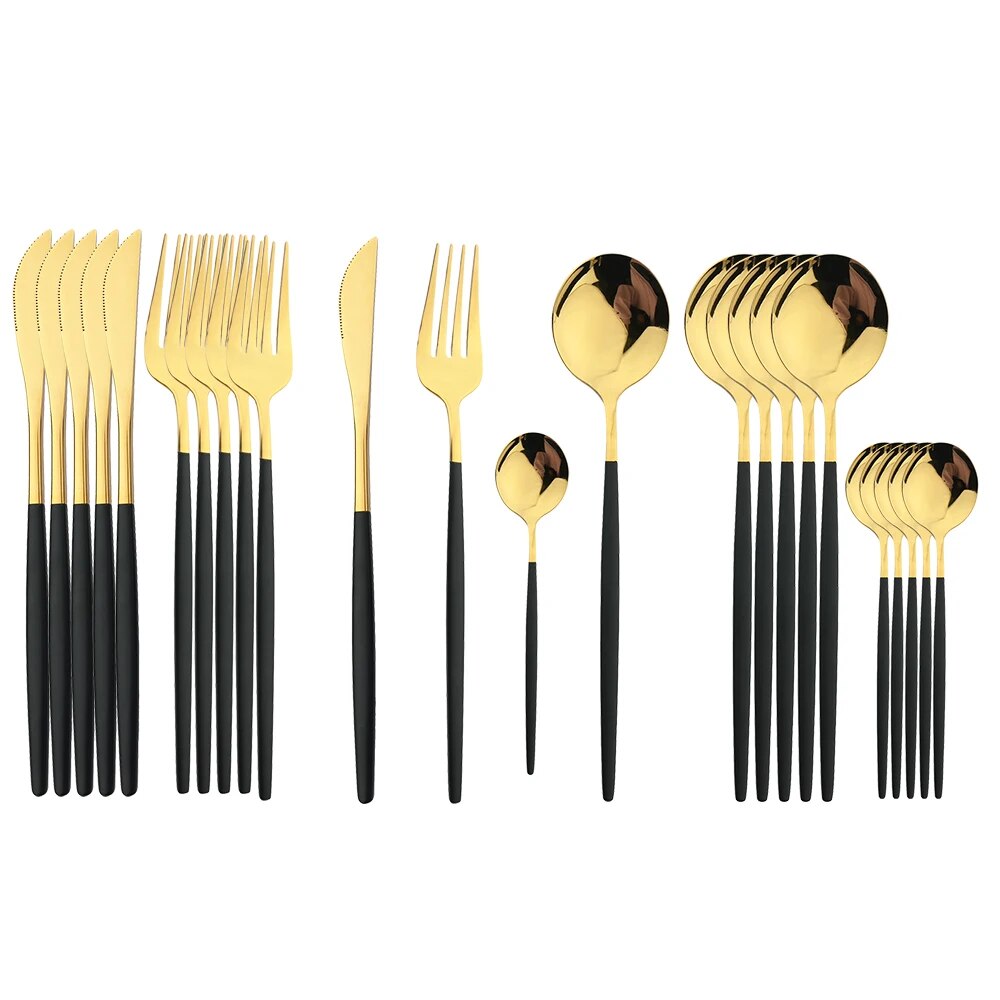 24 Piece Black Handle Golden Cutlery Set | Stainless Steel Knife Fork Spoon | Tableware Flatware Set For Kitchen & Dinin Black Gold
